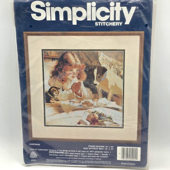 Simplicity Stitchery Suspense Praying Girl Dog Kitten Crewel Yarn Embroidery NIP - Picture 3 of 6